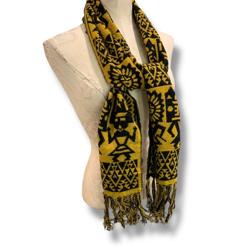 Vintage Sweater Knit Scarf Gold Black Aztec Print Fringed 69" x 9.5"